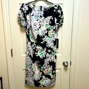 Karl Lagerfeld dress, size 6 NWT, black & floral print, gathered/rouched sleeves